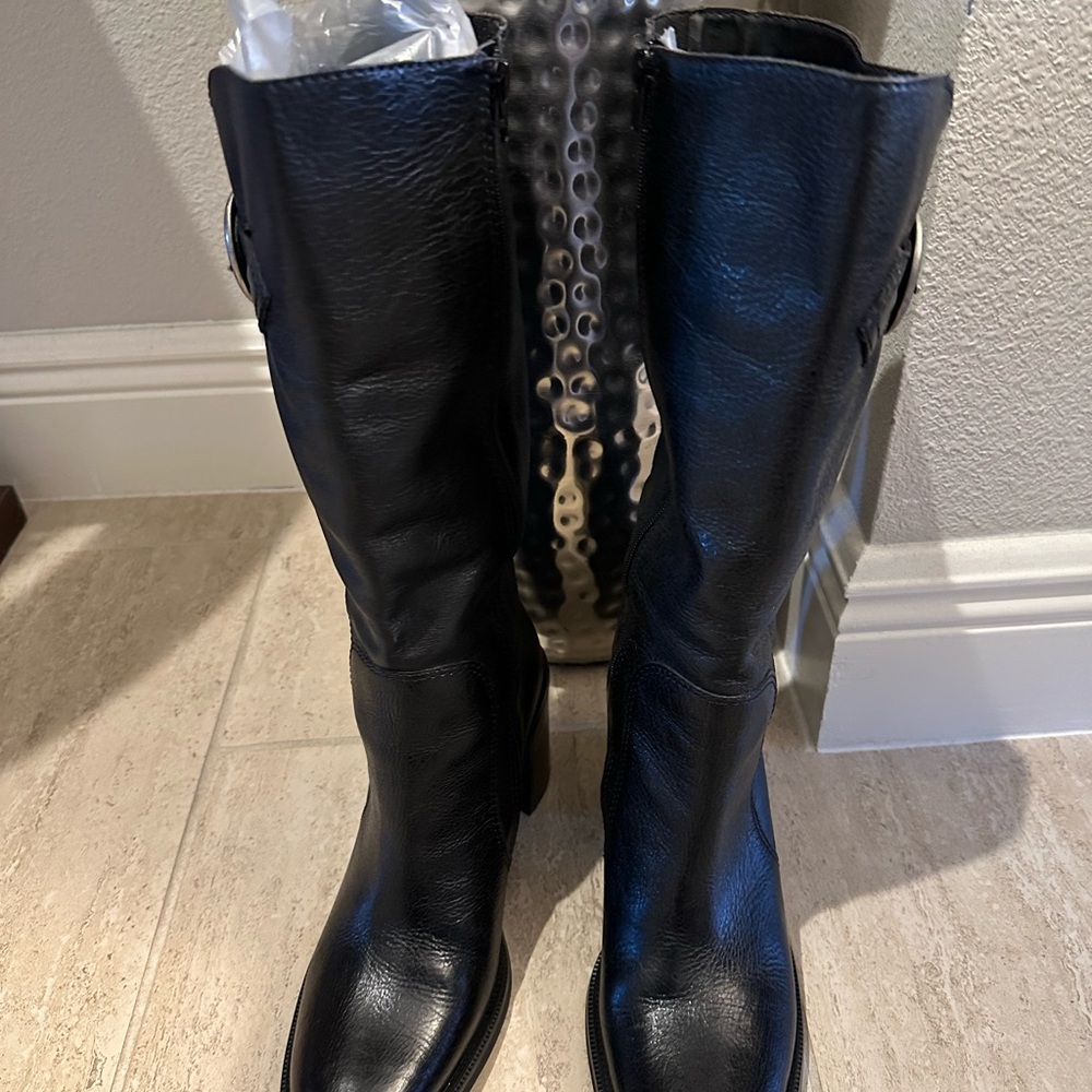 Black Leather Boots w/full length zipper; 15-inch knee-high, 3-inch heel.